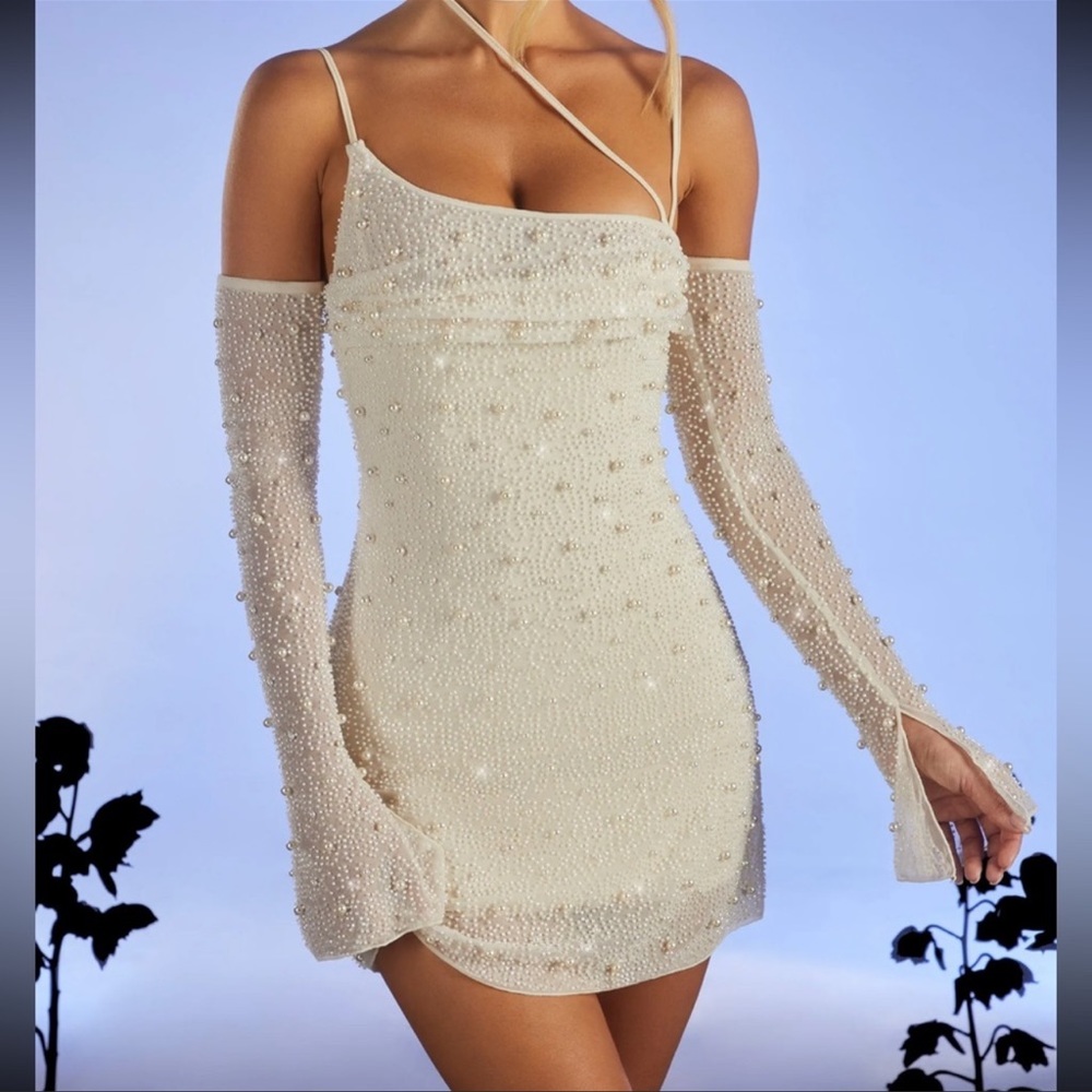 Oh Polly SOHO Embellished Asymmetric Corset Mini Dress in Ivory